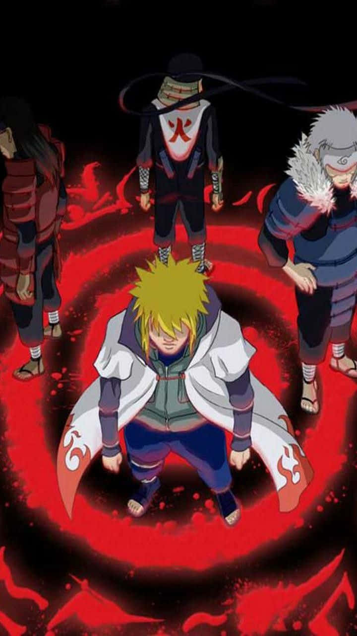Fourth Hokage 桌布 壁紙 — 動漫角色鳴人站在紅色旋轉漩渦中，被三位盟友包圍，背景為深色。
