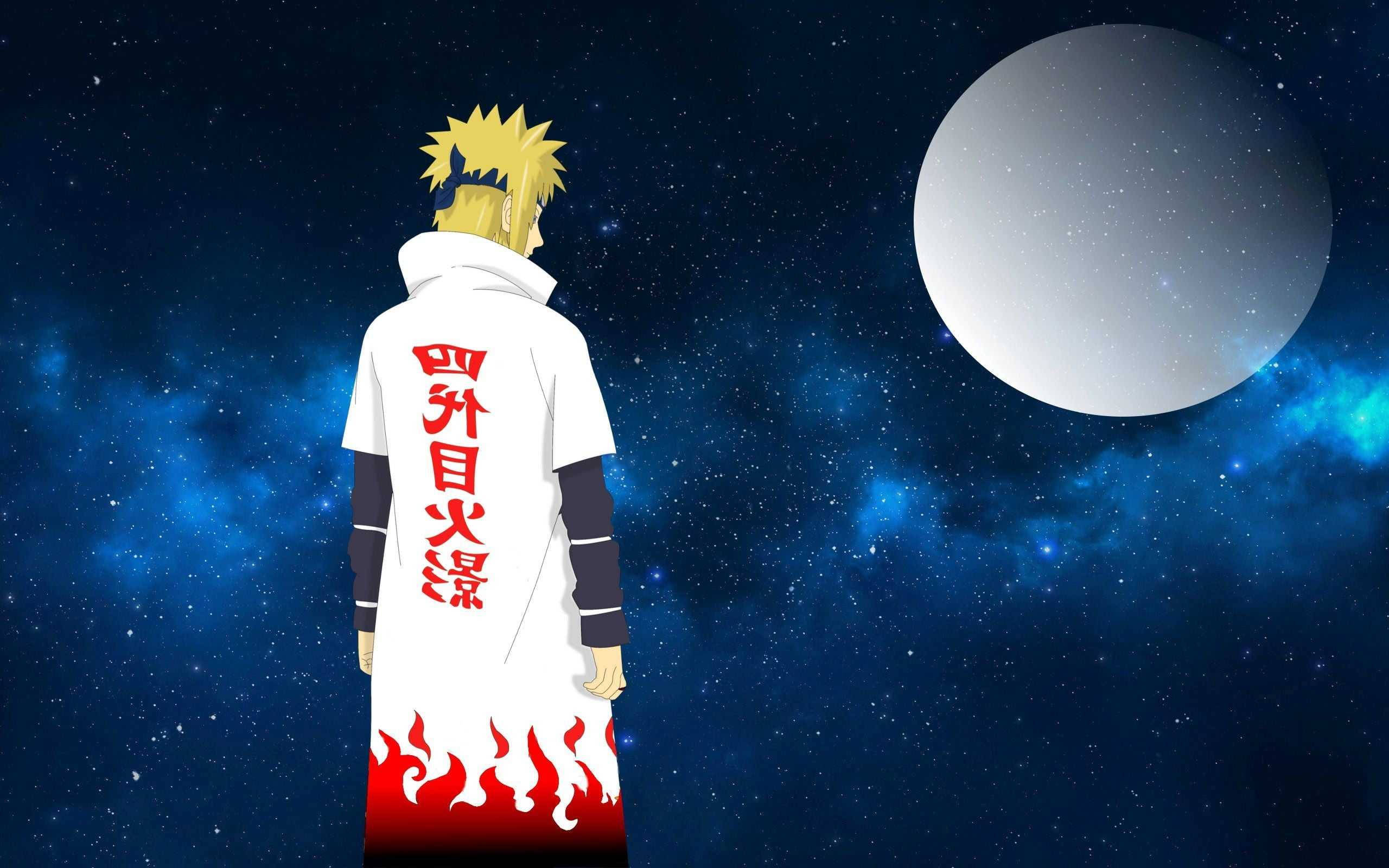 湊 桌布 壁紙 — 動漫角色鳴人背對觀眾，站在星空下，有巨大的月亮和宇宙星雲。