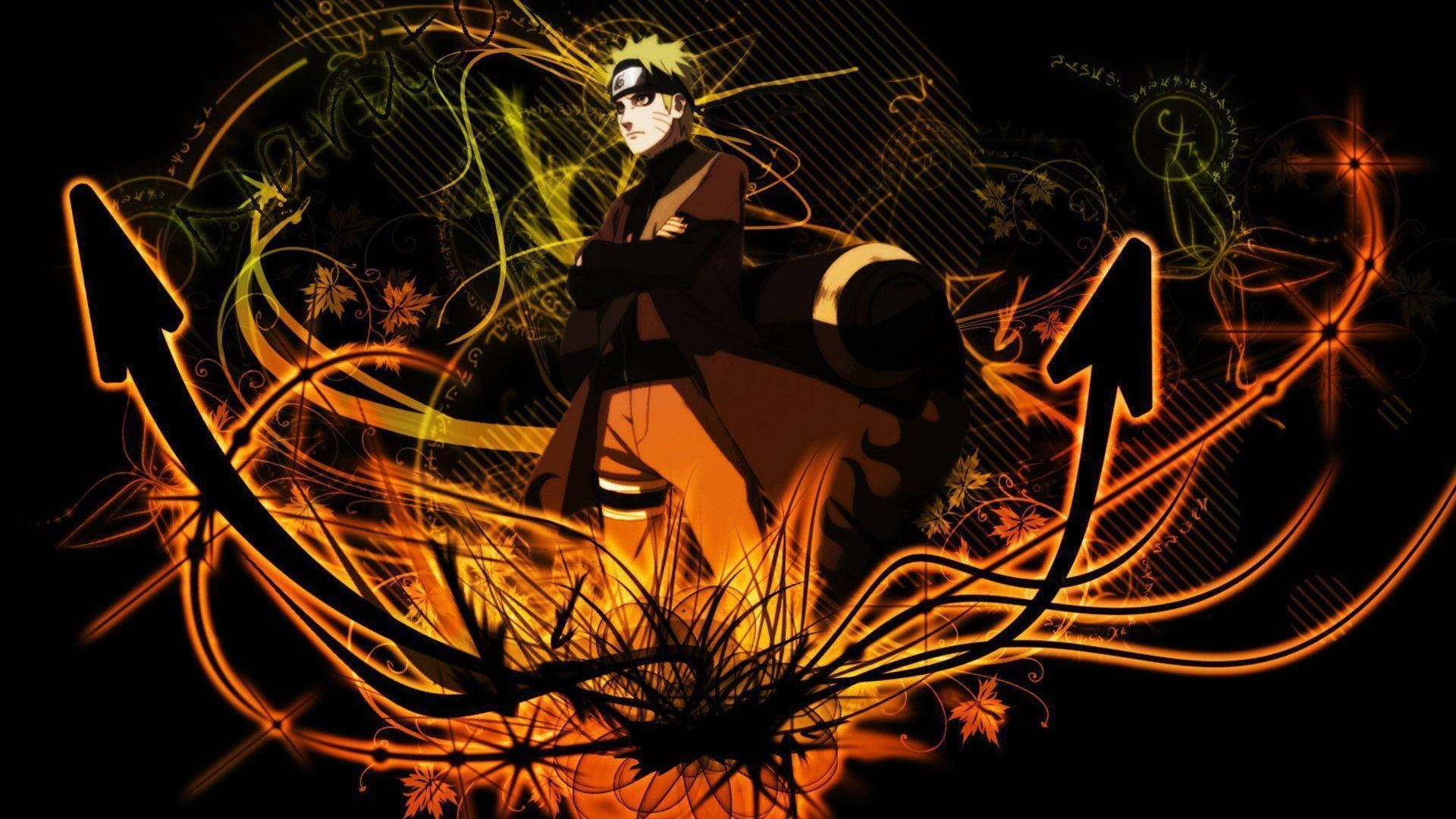 Kurama 桌布 壁紙 — 動漫角色鳴人自信地交叉雙臂，站在黑色背景上，面對橙色和黃色能量箭與楓葉的動態漩渦。