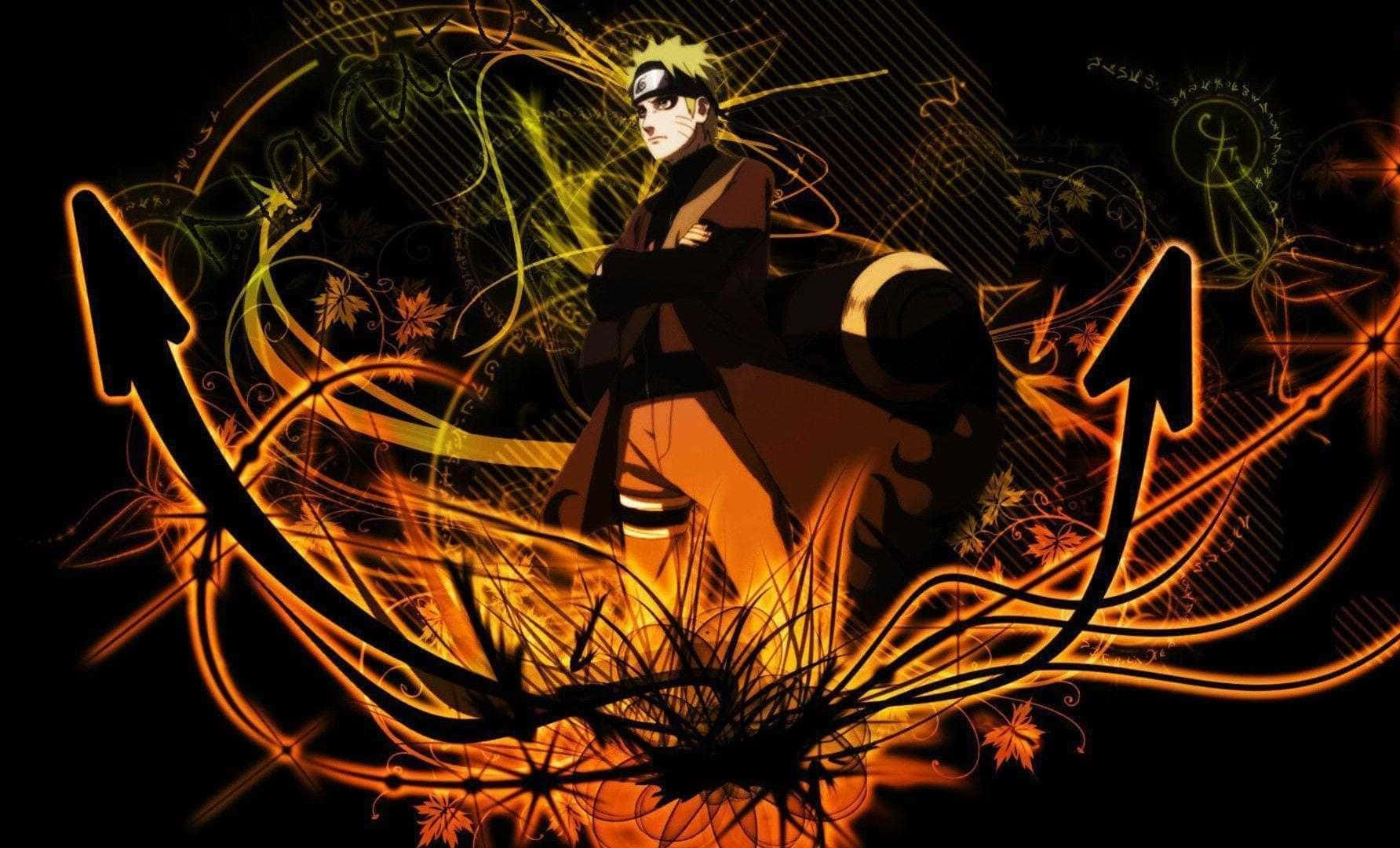 Naruto Anime 桌布 壁紙 — 動漫角色鳴人自信地交叉雙臂，站在橙色和黃色能量箭與秋葉的動態漩渦前。