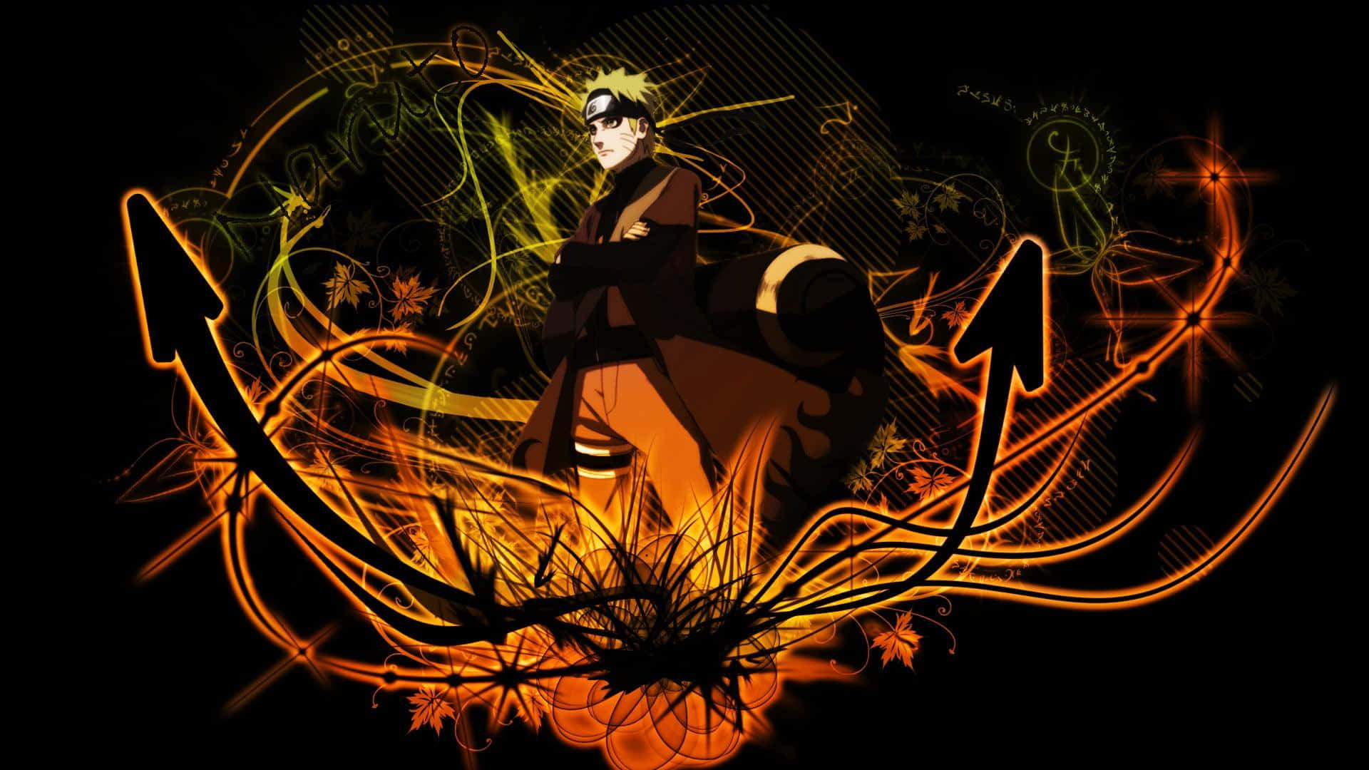 Naruto Sage Mode 桌布 壁紙 — 動漫角色鳴人自信地交叉雙臂，站在黑色背景上，面對橙色和黃色能量箭頭與發光楓葉的動態漩渦。