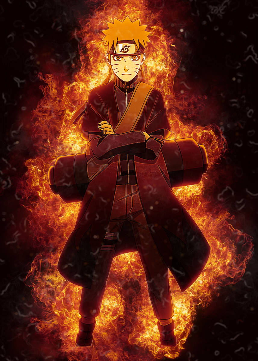 Sad Naruto 桌布 壁紙 — 動漫角色鳴人自信地交叉雙臂站立，在黑暗背景下被強烈的橙色火焰包圍。