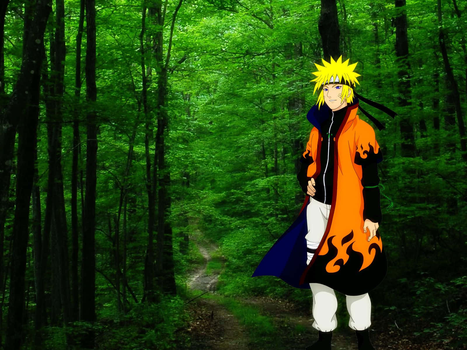 Naruto Green 桌布 壁紙 — 動漫角色鳴人自信地站在一片茂密的綠色森林中，身後有高大的樹木和蜿蜒的小路。