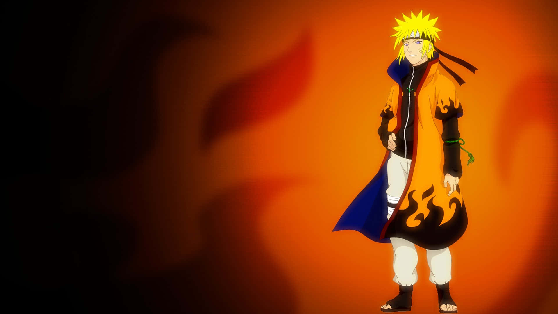 Naruto Alone 桌布 壁紙 — 動漫角色鳴人自信地站在橙色和藍色斗篷中，背景是帶有陰影火焰的火橙色背景。