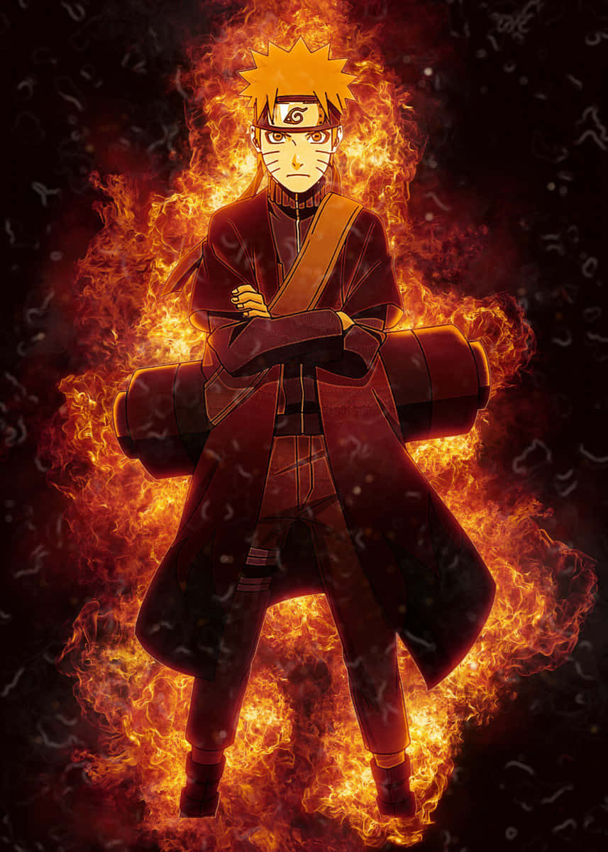 Naruto Fire 桌布 壁紙 — 動漫角色鳴人自信地站在黑暗背景中，被熾熱的橙色火焰包圍。