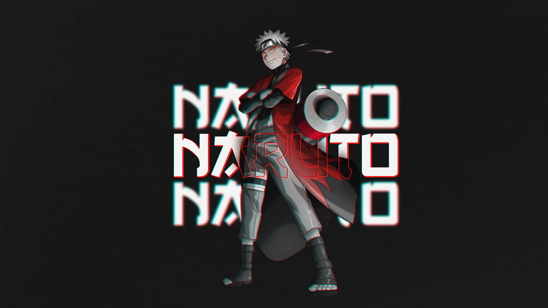 Naruto Black 桌布 壁紙 — 動漫角色鳴人自信地站立，身穿紅色斗篷，背景是黑色上的故障白色文字。