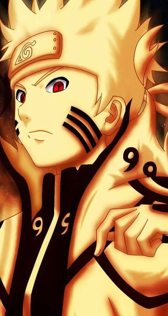 Naruto Eyes 桌布 壁紙 — 動漫角色鳴人處於九尾查克拉模式，擁有火熱的橙色頭髮和紅色眼睛，背景為深色。