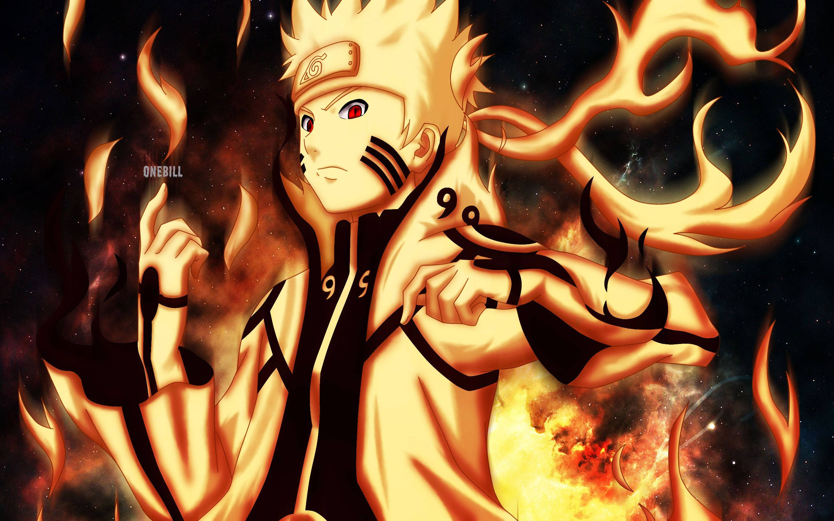 Naruto Nine Tails 桌布 壁紙 — 動漫角色鳴人處於九尾查克拉模式，帶有熾熱的橙色火焰和發光的紅色眼睛，背景是宇宙星空。