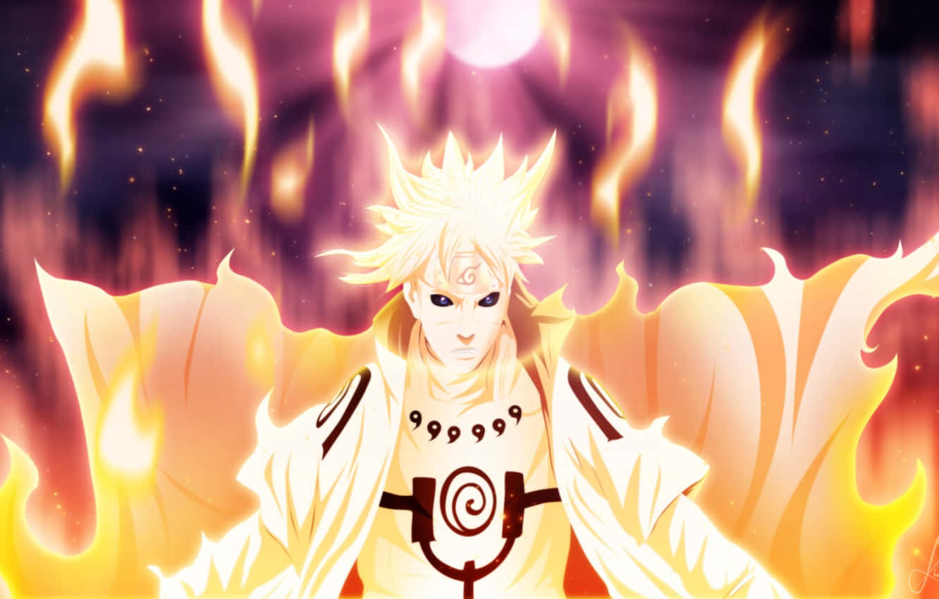 Naruto Fire 桌布 壁紙 — 動漫角色鳴人處於九尾查克拉模式，被熾熱的橙色火焰包圍，背景是紫色宇宙天空。
