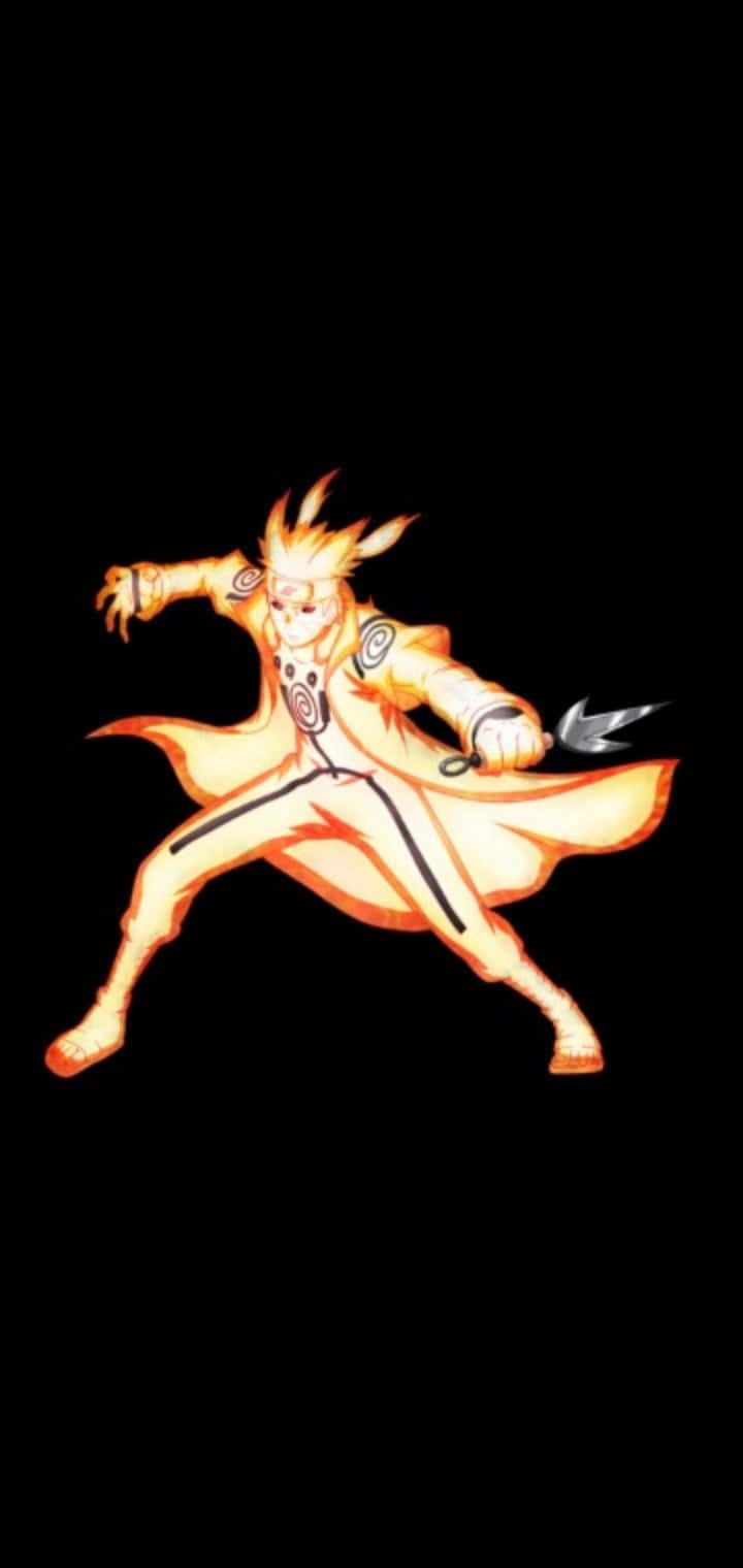 Naruto Fire 桌布 壁紙 — 動漫角色鳴人處於九尾查克拉模式，在黑色背景上散發橙色光芒，擺出動態姿勢。