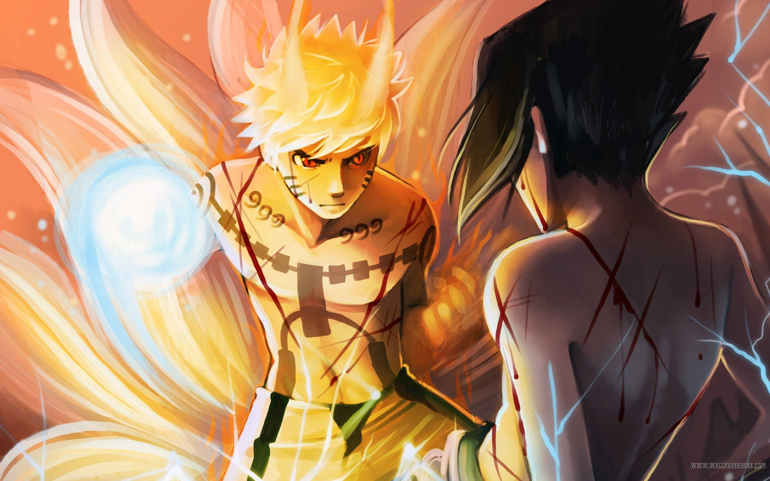 火影忍者 佐助與鳴人 桌布 壁紙 — 動漫角色鳴人處於九尾查克拉模式，面對一個渾身是血、散發著劈啪藍色能量的對手。