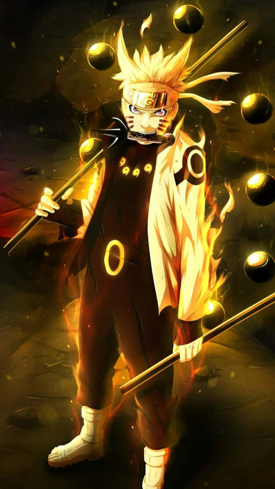 Naruto Sage Mode 桌布 壁紙 — 動漫角色鳴人處於九尾查克拉模式，被發光的球體和熾熱能量強勢包圍。