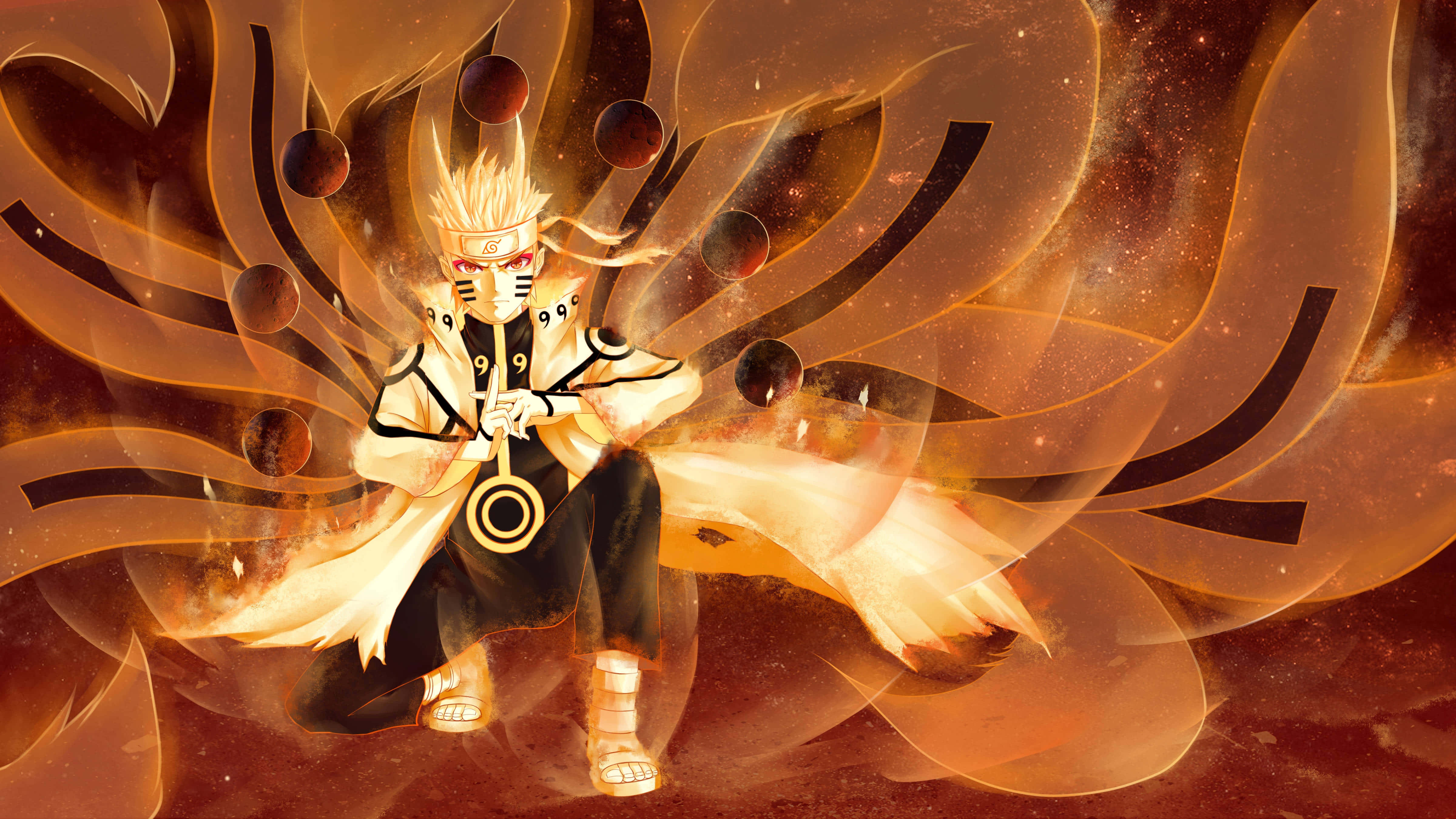 Naruto Nine Tails 桌布 壁紙 — 動漫角色鳴人處於九尾查克拉模式，身後有旋轉的橙色能量和九條尾巴。