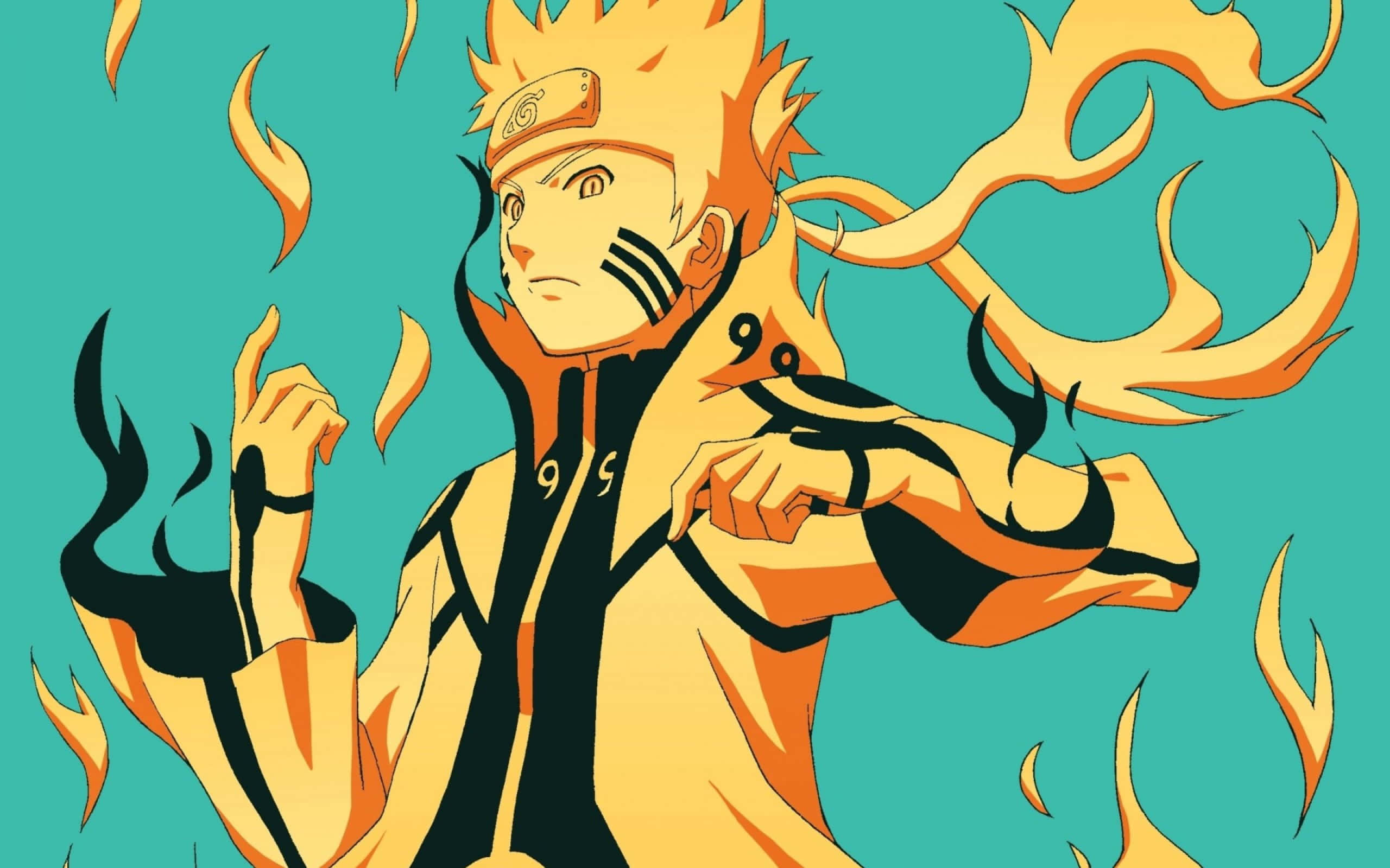 Naruto Fire 桌布 壁紙 — 動漫角色鳴人處於九尾查克拉模式，在青綠色背景上帶有火熱的橙色光環。