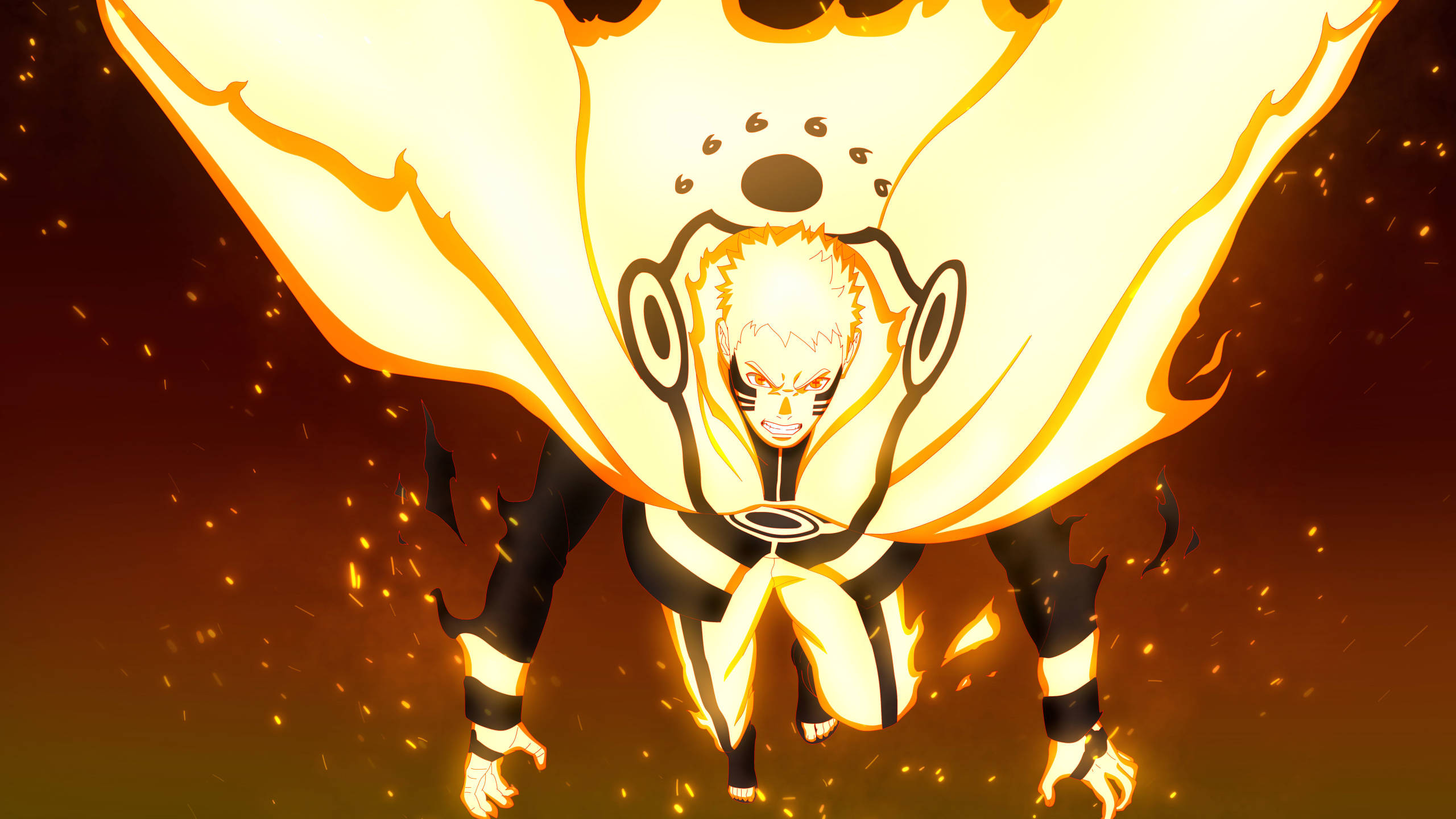 Yellow Naruto 桌布 壁紙 — 動漫角色鳴人處於九尾查克拉模式，在深色漸變背景上散發著橙色火焰和火花。