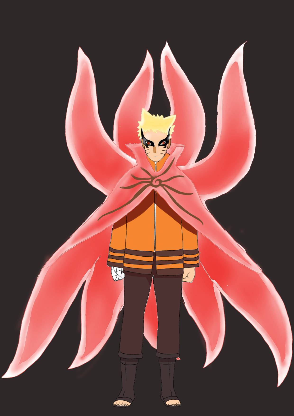 Kurama 桌布 壁紙 — 動漫角色鳴人處於完整九尾查克拉模式，在黑暗背景中展現發光的紅色狐狸尾巴。