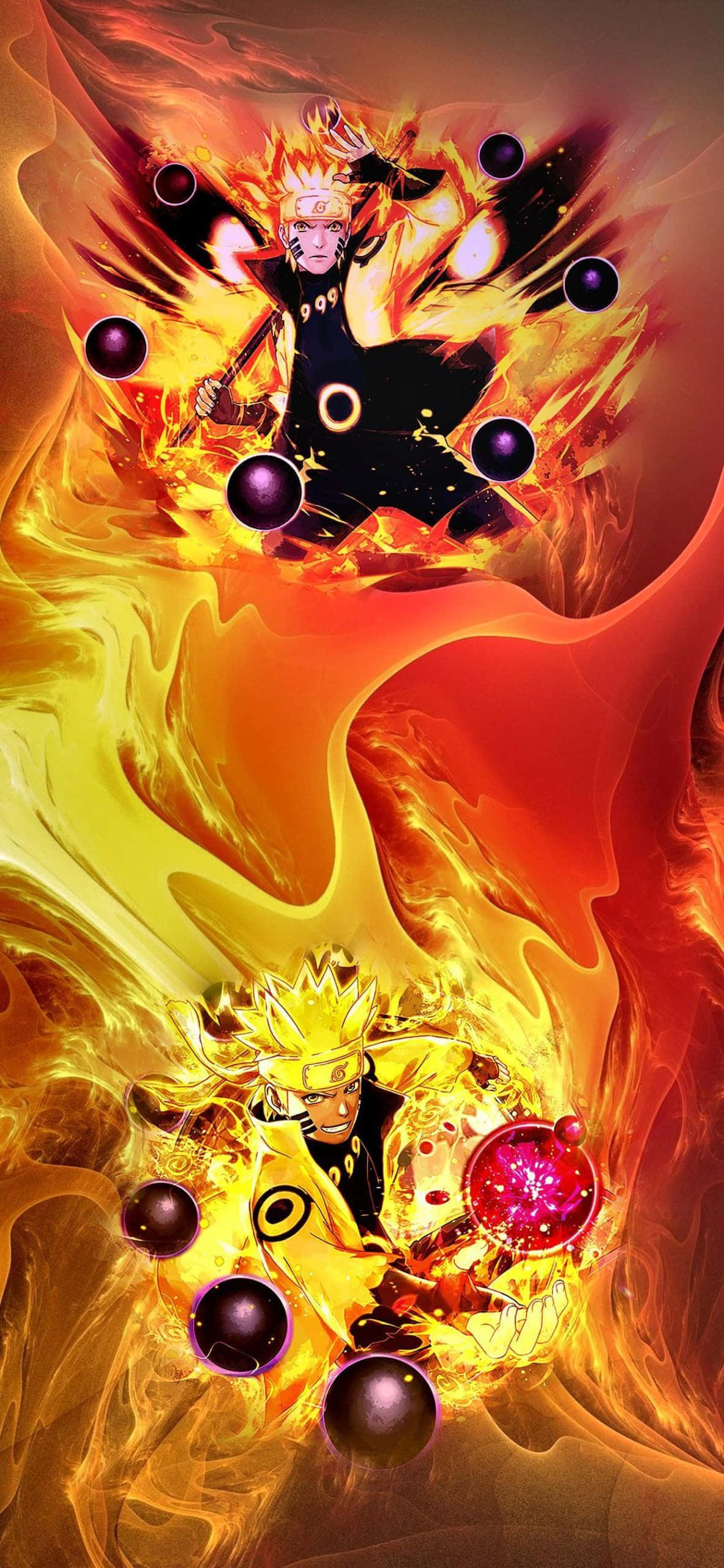 Naruto Fire 桌布 壁紙 — 動漫角色鳴人處於火熱的查克拉模式，被發光的球體和旋轉的火焰包圍。