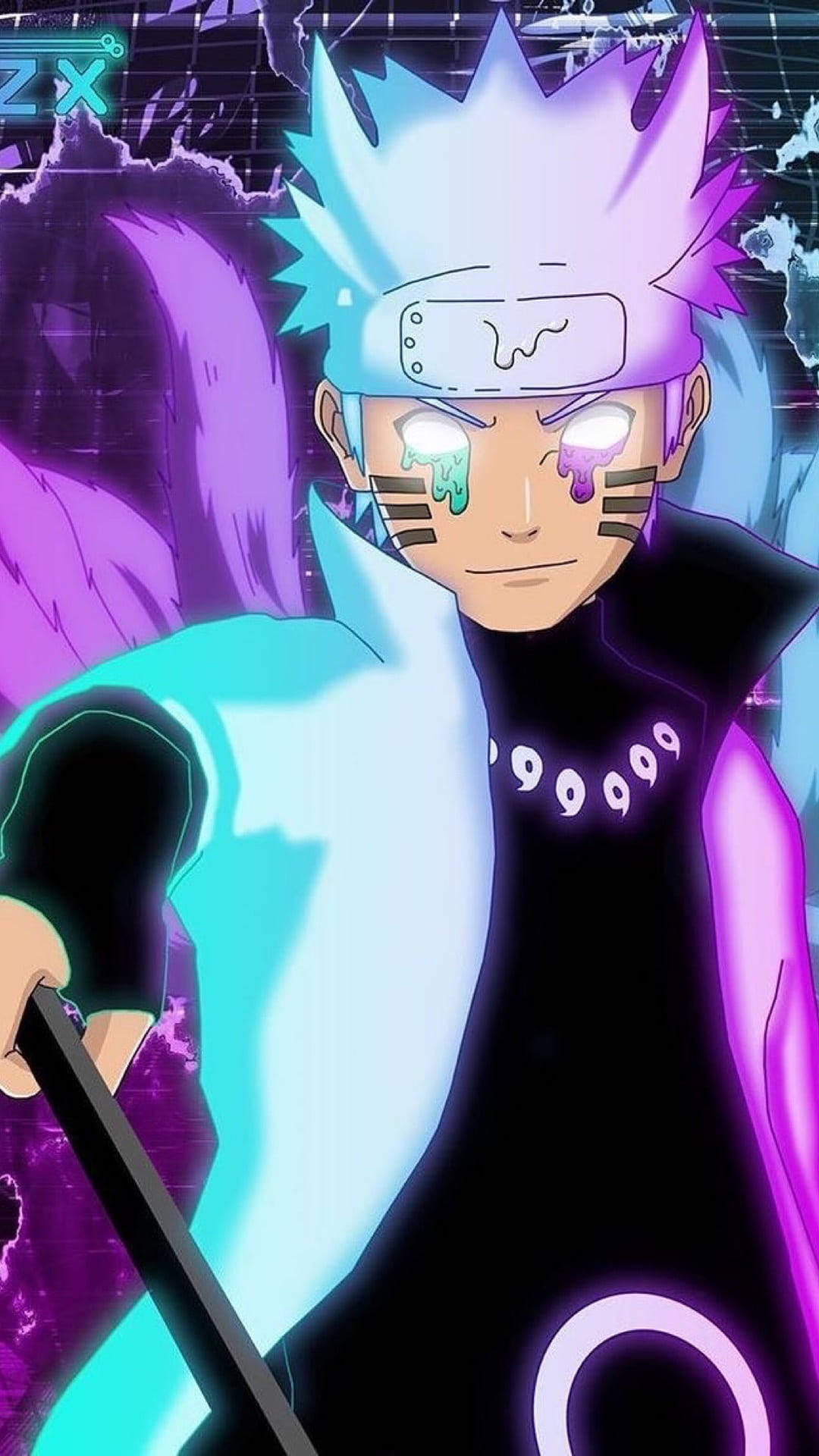 霓虹數位風格中，擁有發光眼睛和查克拉光環的動漫忍者。 — 酷 naruto 壁紙