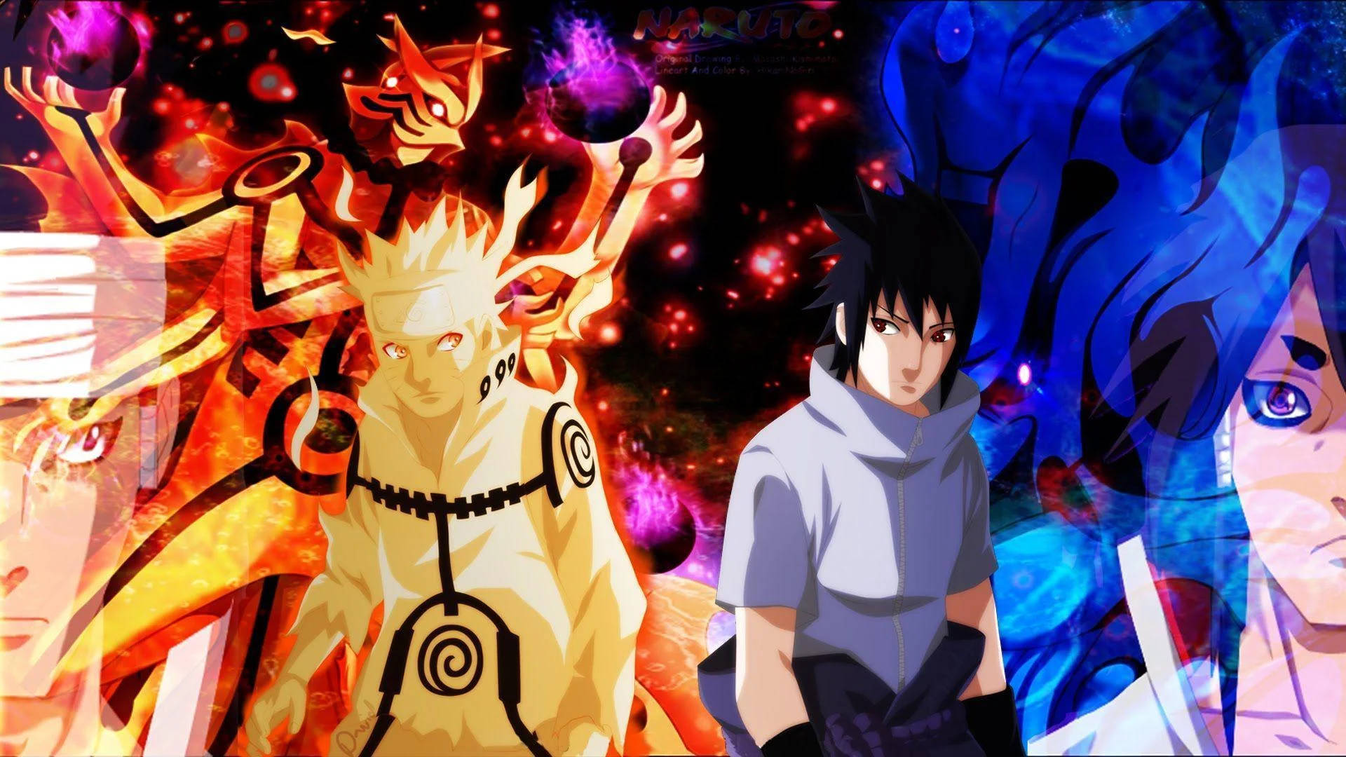 Naruto And Sasuke 桌布 壁紙 — 動漫角色鳴人處於金色查克拉模式，佐助帶有藍色光環，站在由旋轉能量和發光球體組成的宇宙背景前。