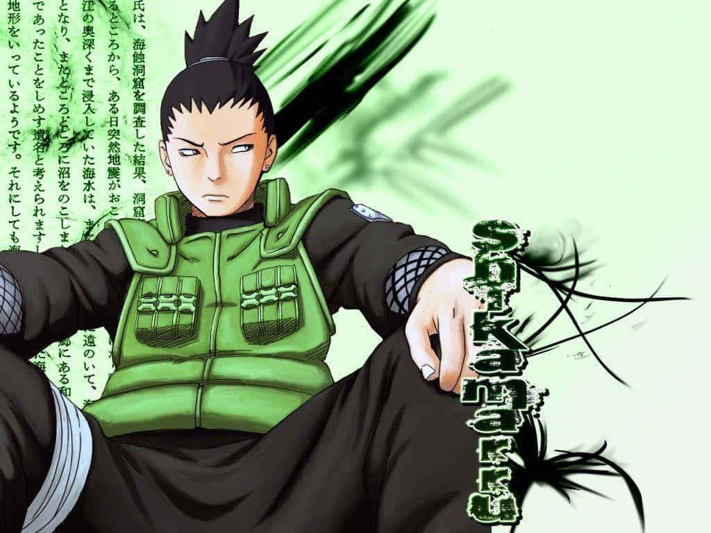 Naruto Green 桌布 壁紙 — 動漫角色鹿丸穿著綠色背心，在淺綠色背景上帶有日文文字和動態黑色筆觸，以專注的眼神坐著。