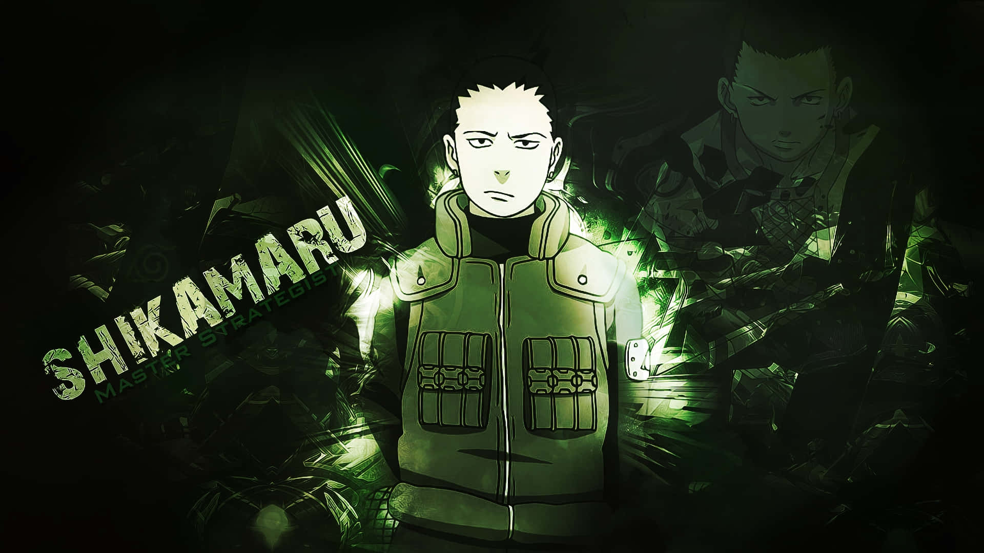 Shikamaru Nara 桌布 壁紙 — 動漫角色鹿丸站在一個深綠色照明的場景中，帶有發光的能量效果和一個陰影人物在他身後。