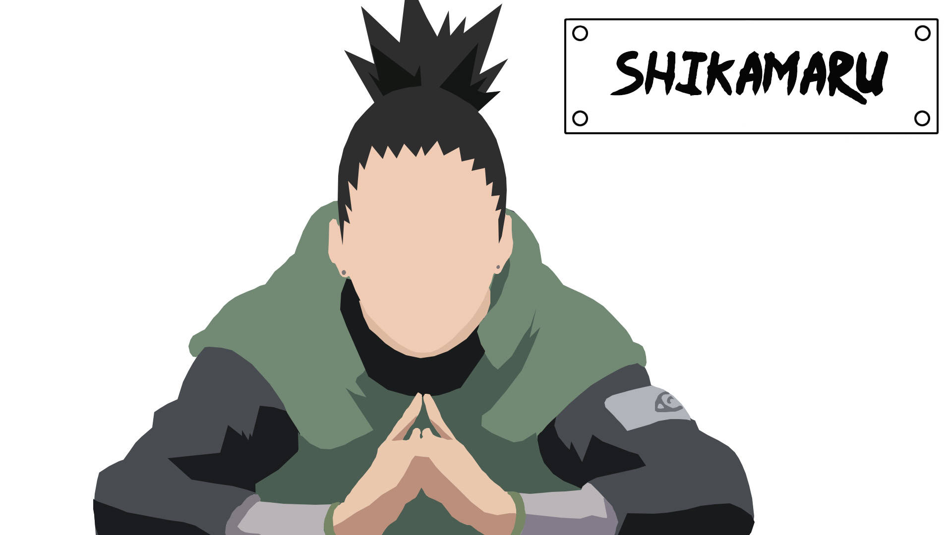 Shikamaru 桌布 壁紙 — 動漫角色鹿丸身穿綠色和黑色忍者服，雙手合十，頭頂名牌，純白背景。