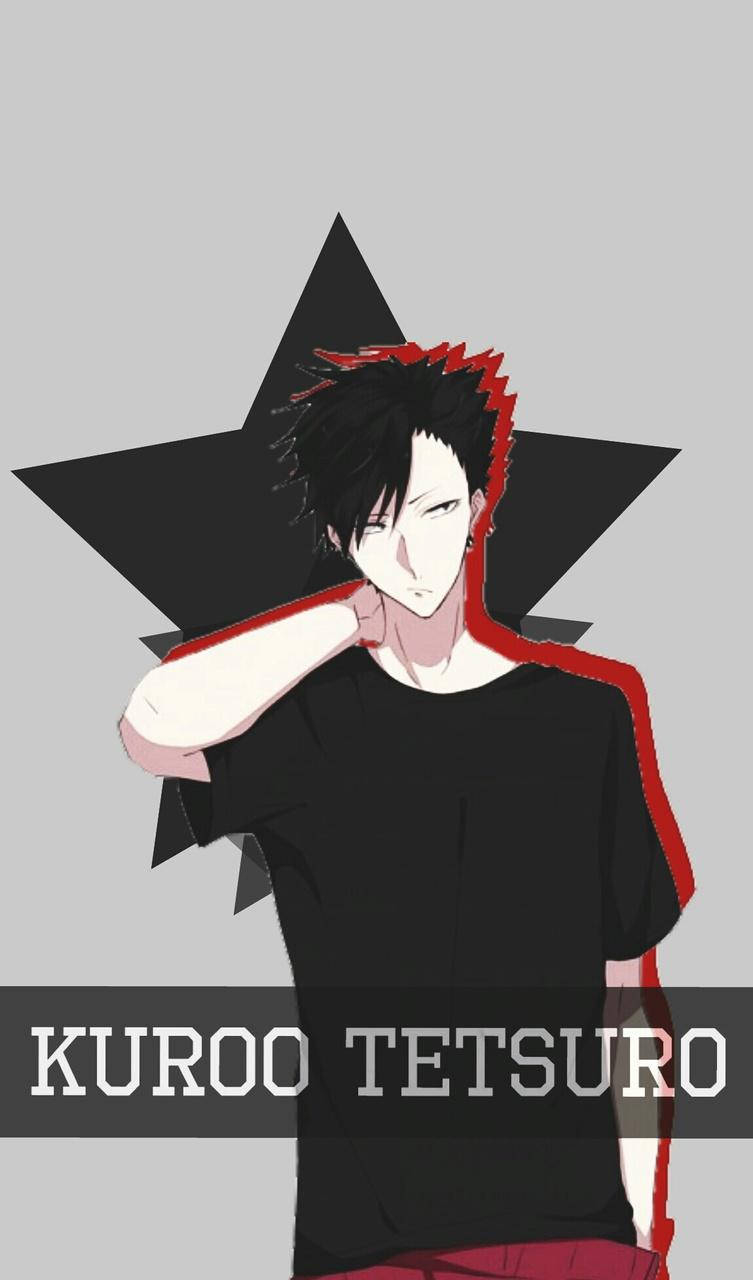Kuroo 桌布 壁紙 — 動漫角色黑尾鐵朗自信地站立，身後有一顆黑色星星，紅色點綴勾勒出他尖刺的頭髮和襯衫。