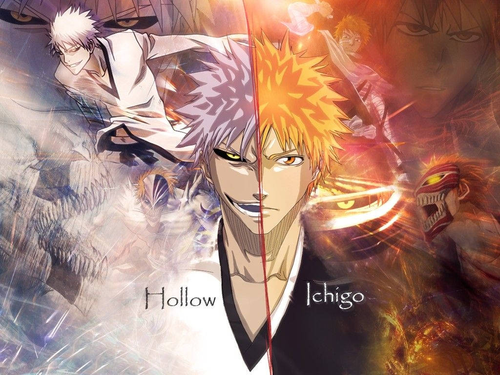 Bleach Ichigo 桌布 壁紙 — 動漫角色黑崎一護從中間分裂，展示他的虛和死神形態，背景是動態的戰鬥場景。