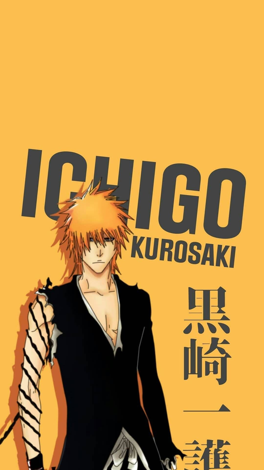 Bleach iPhone 桌布 壁紙 — 動漫角色黑崎一護自信地站在純黃色背景前，帶有粗體文字和漢字。