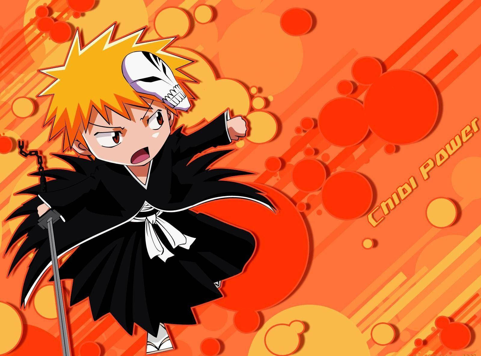 Bankai 桌布 壁紙 — 動漫角色黑崎一護身穿黑色死神制服，在火橙色背景中揮舞斬月，並帶有「Shinigami Power」文字。
