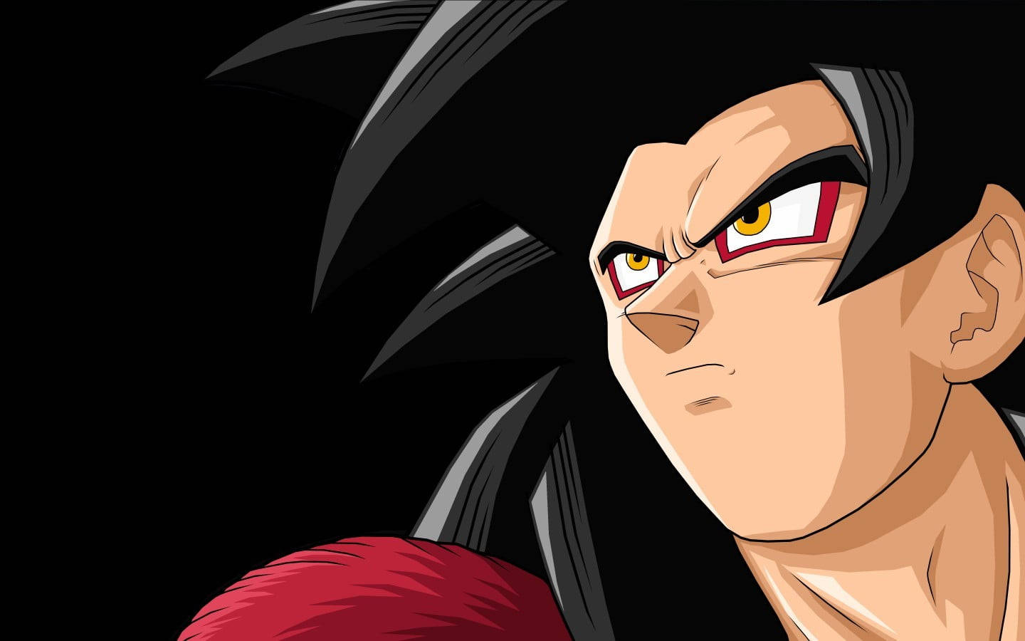 Ssj4 Goku 桌布 壁紙 — 動漫角色黑色刺蝟頭紅眼，在黑色背景前怒視的特寫。