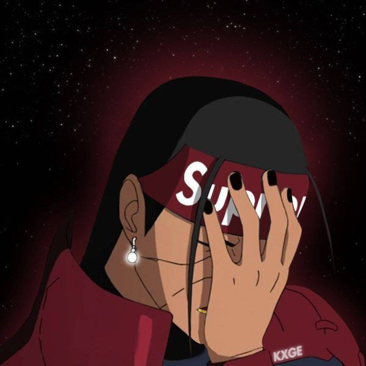 動漫角色穿著紅色帽衫，在星空下用手遮臉。