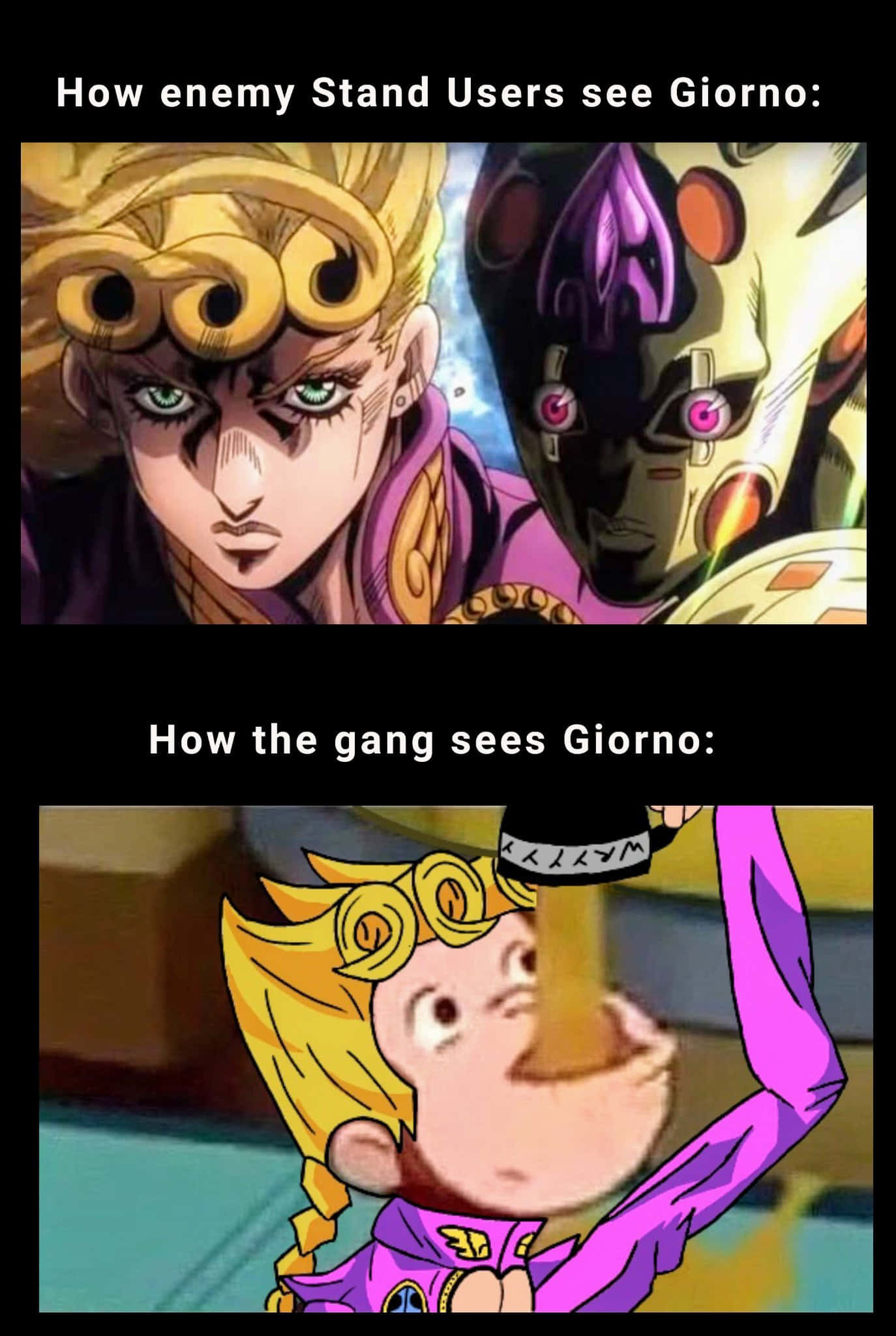 Jojo Meme 桌布 壁紙 — 動漫迷因對比喬魯諾對敵人的威嚇視角與他對幫派的滑稽視角，表情誇張。