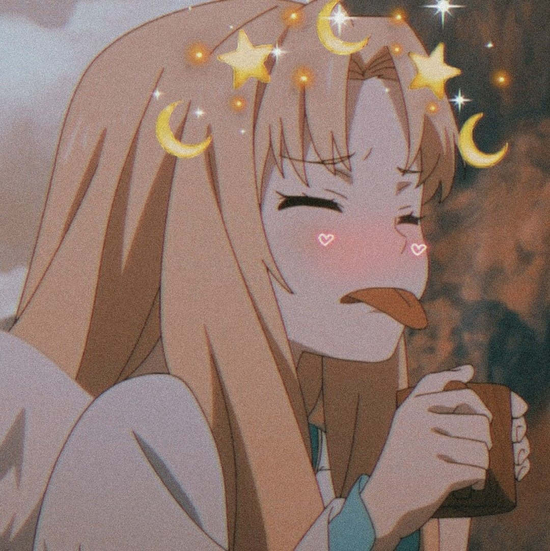 Cute Aesthetic Profile 桌布 壁紙 — 動漫長髮棕眼女孩啜飲著杯子，發光的星星和月亮漂浮在她頭頂。