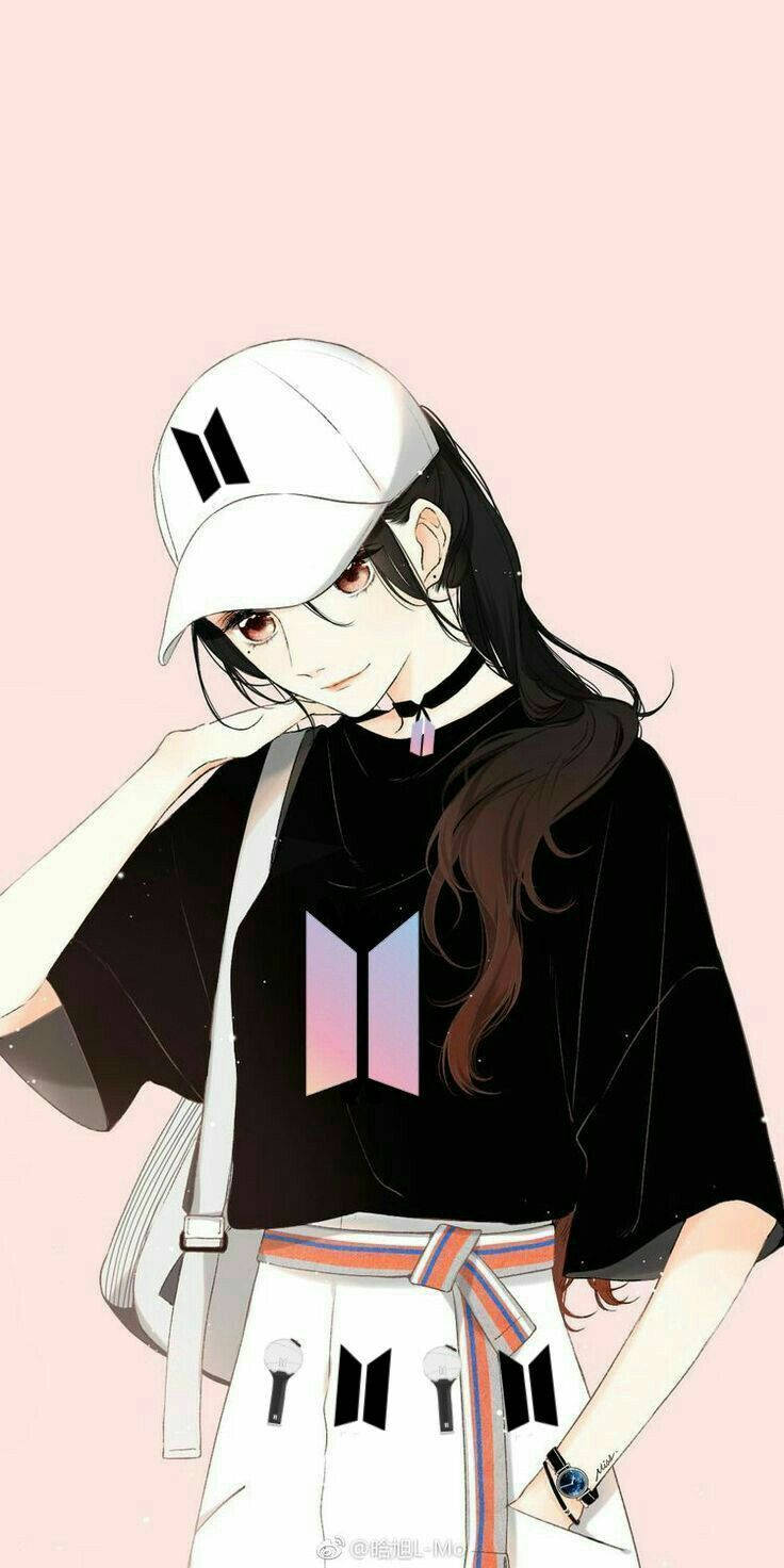 穿著BTS周邊的動漫女孩在粉紅背景前以手托下巴擺姿勢。 — BTS 防彈少年團 粉絲 女孩 GIF 壁紙