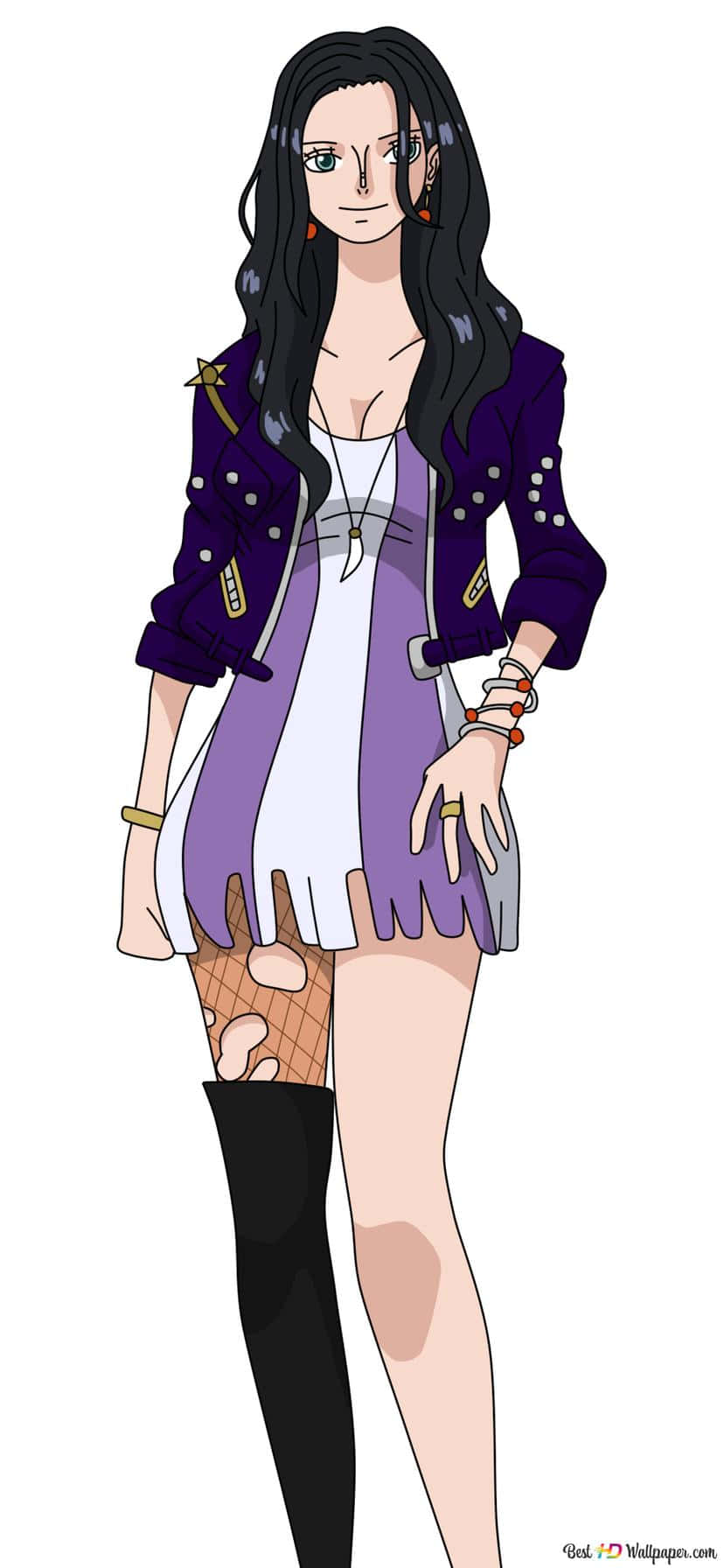 One Piece Stampede 桌布 壁紙 — 動漫長黑髮女孩穿著紫色外套、白色連衣裙、漁網襪和黑色過膝靴。