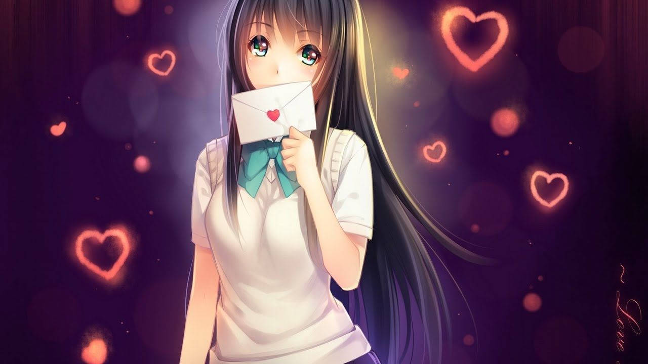 動漫女孩 桌布 壁紙 — 動漫長黑髮少女在紫色背景的發光心形中，將心形標記的信件貼在唇邊。