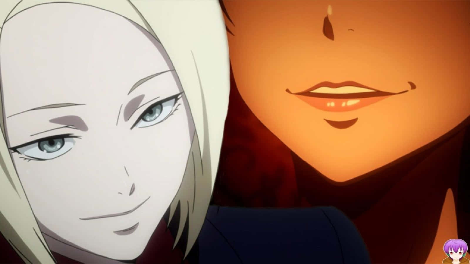 Kureo Mado 桌布 壁紙 — 動漫面孔特寫，一個蒼白藍眼，另一個溫暖地照亮著橙色光芒