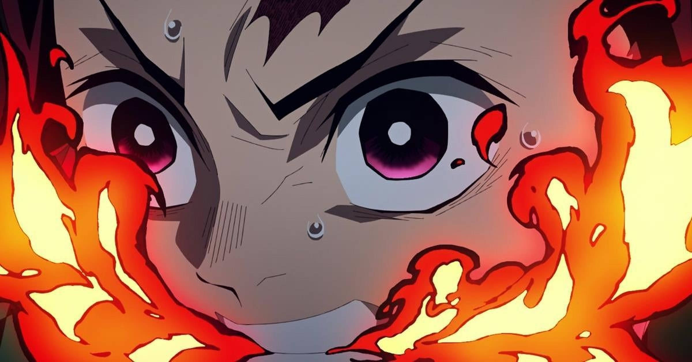 Kagura 桌布 壁紙 — 動漫面孔特寫，帶有強烈的眼睛，周圍環繞著鮮豔的橙色火焰和汗珠。