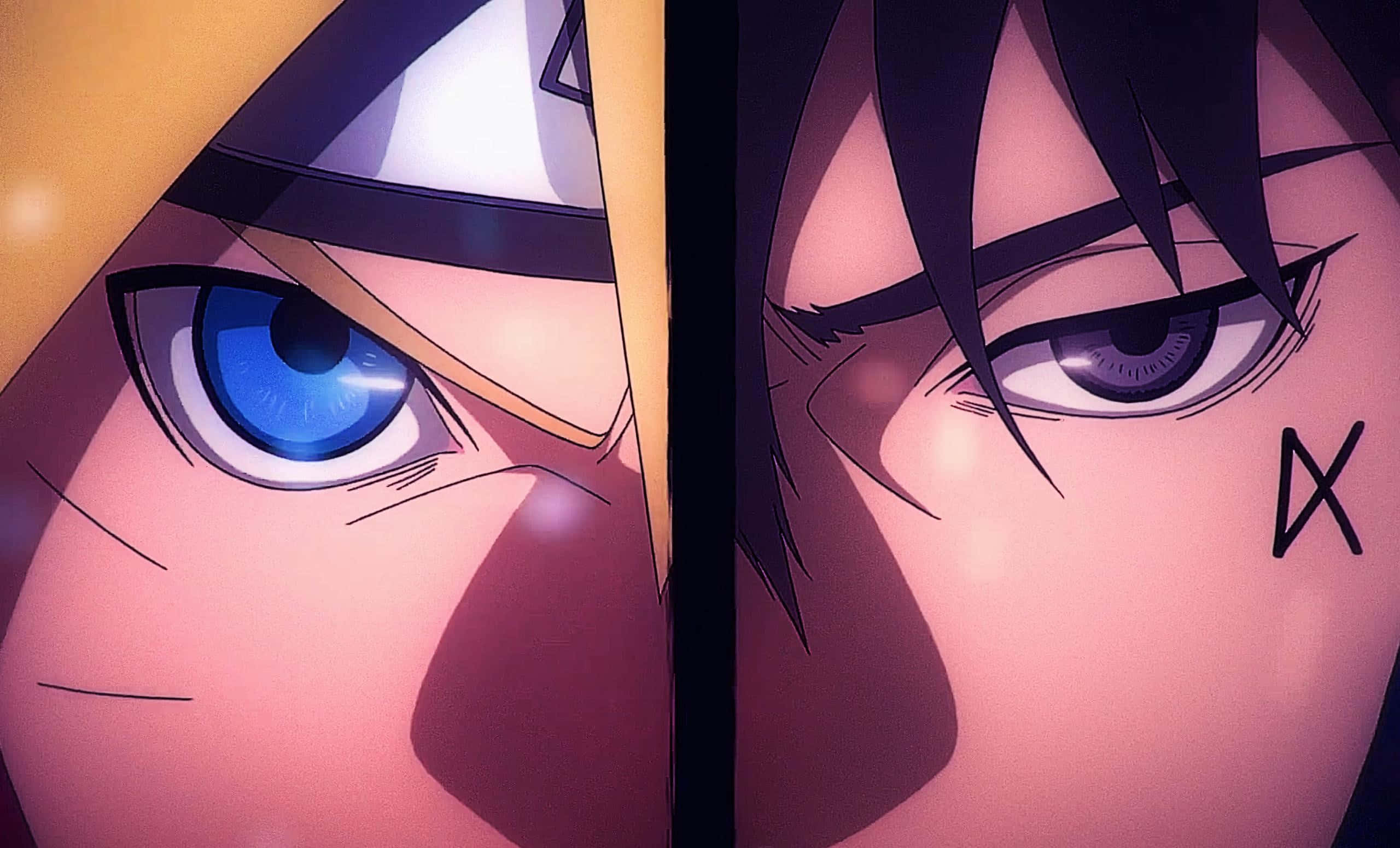 Boruto Vs Kawaki 桌布 壁紙 — 動漫面孔特寫被一條黑線分割，一邊有藍色眼睛和頭帶，另一邊有深色眼睛和標記。