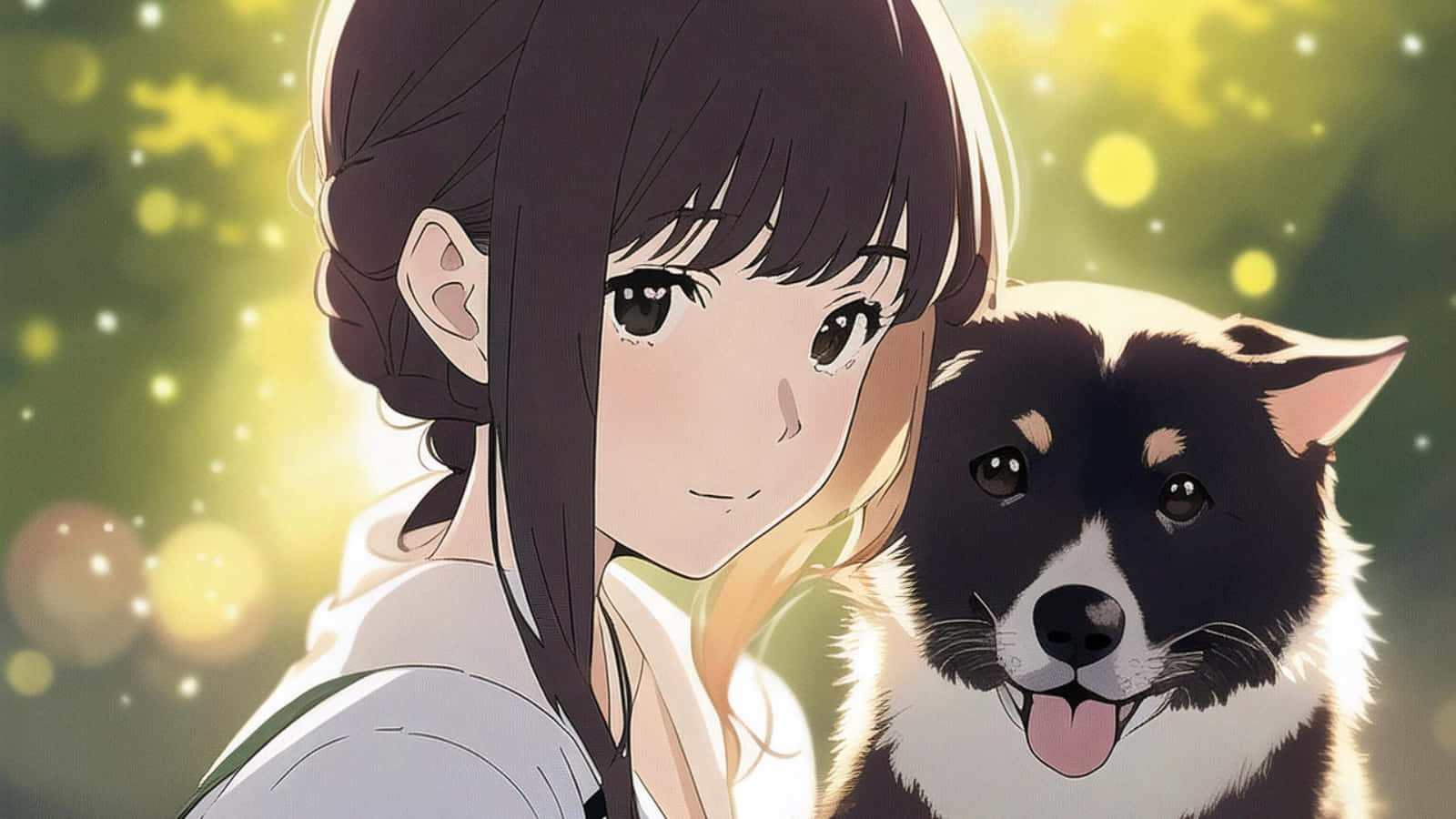 動漫風格中與狗相伴的女孩 壁紙
