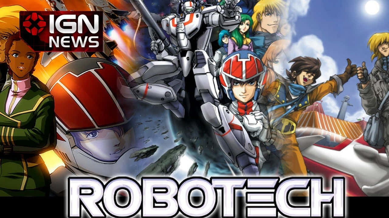 robotech 桌布 壁紙 — 動漫風格動感海報，描繪飛行員與巨型機器人在火紅天空下激戰。