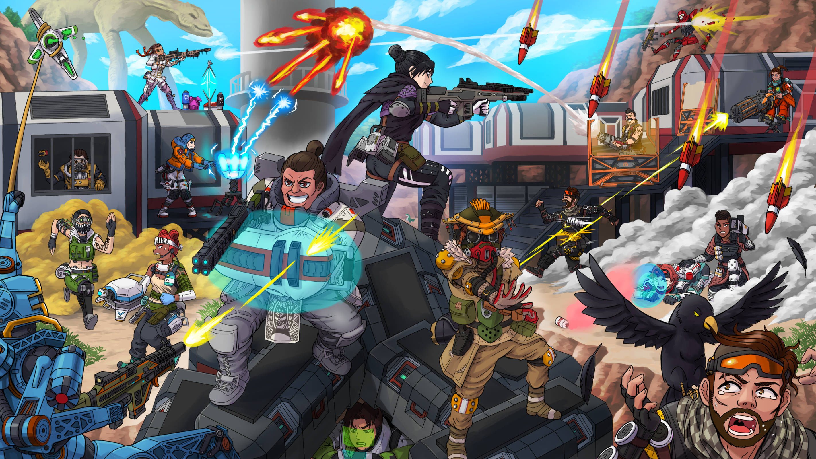 Cool Apex Legends 桌布 壁紙 — 動漫風格動態戰鬥場景，多個角色在未來廢墟和爆炸中發射能量武器。