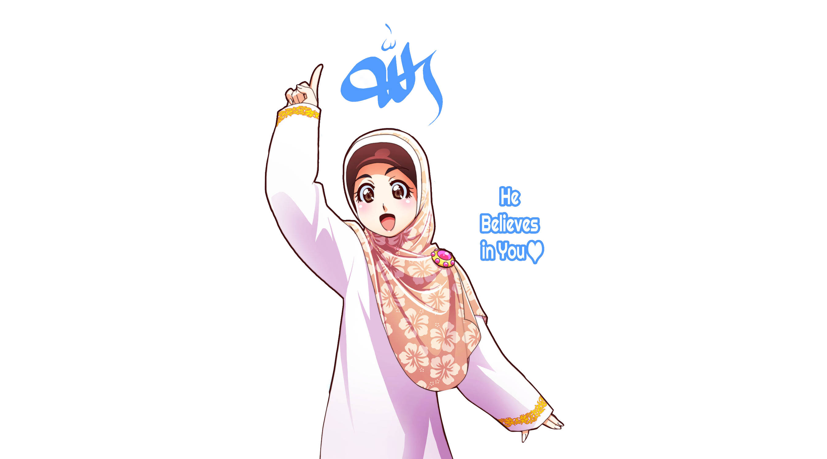 anime hijab 桌布 壁紙 — 動漫風格女孩戴粉色頭巾向上指，阿拉伯文字和文字漂浮在她旁邊。