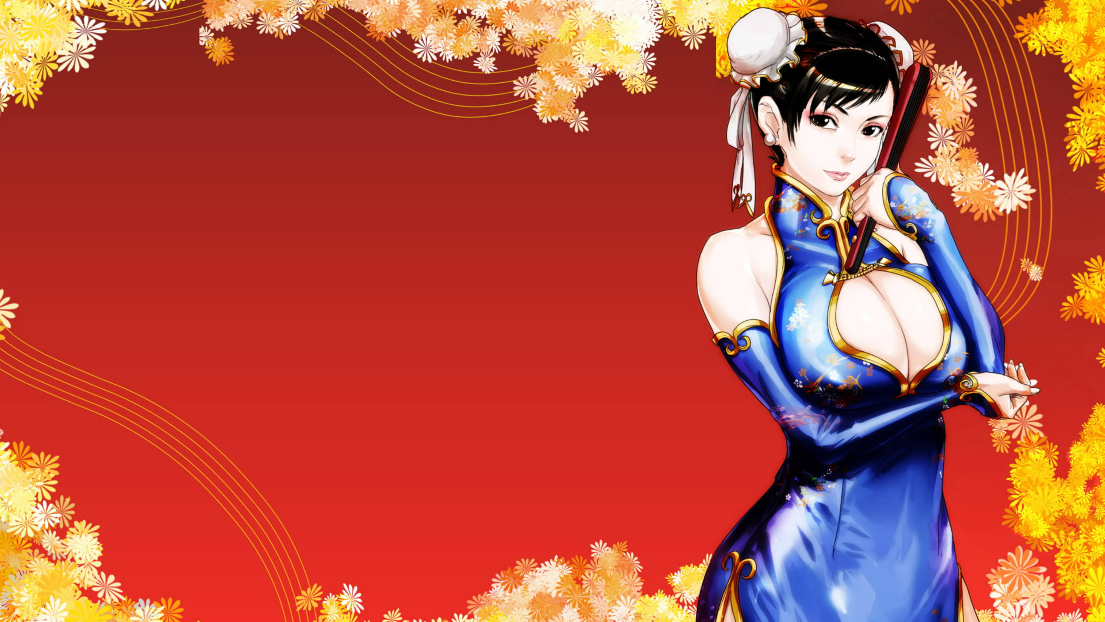 Capcom 桌布 壁紙 — 動漫風格女性身穿藍色金邊旗袍，自信地站在紅色背景前，周圍環繞著黃色花朵。
