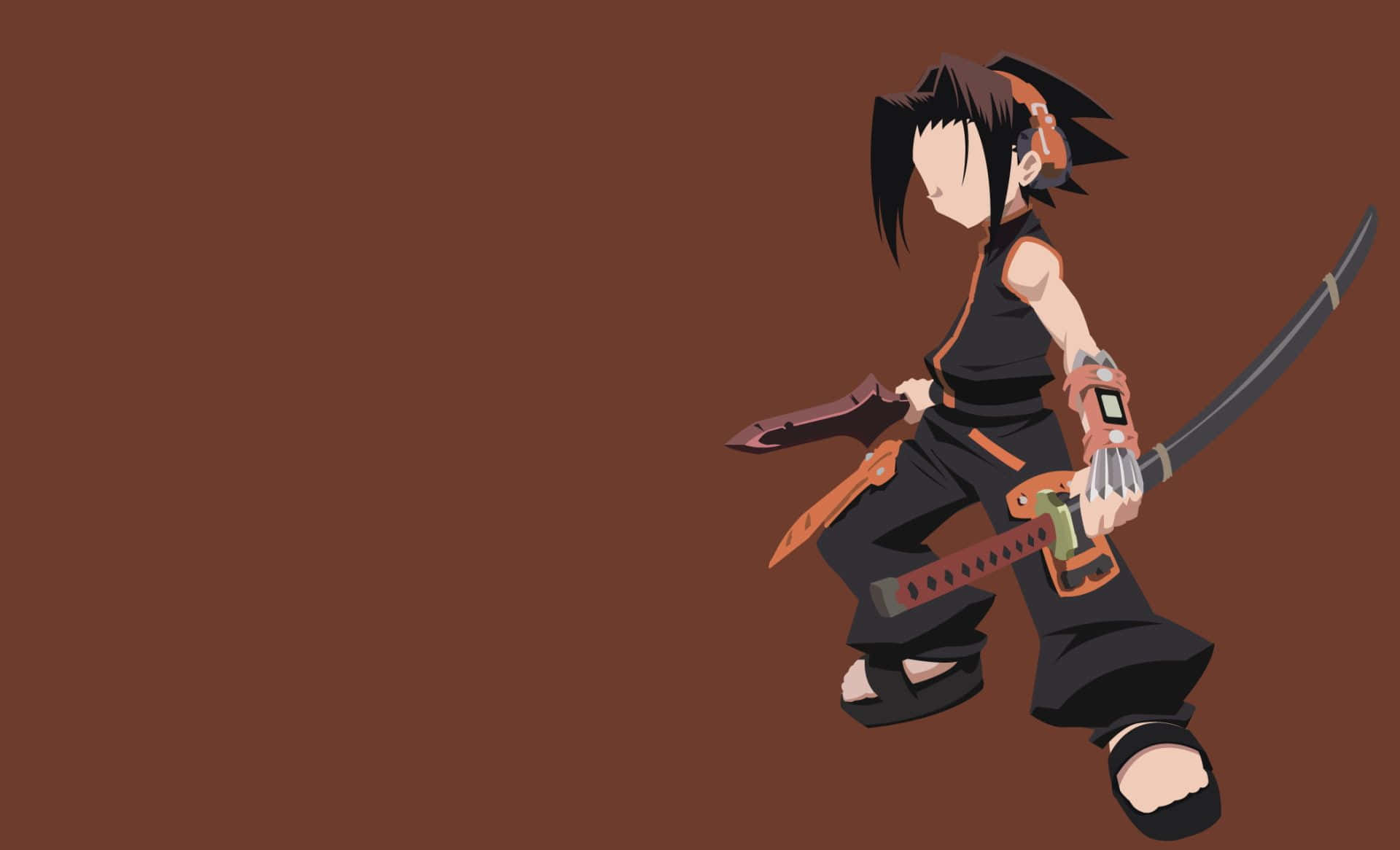 Shaman King 桌布 壁紙 — 動漫風格忍者戰士身穿黑色裝備，手持兩把劍，背景為純棕色。