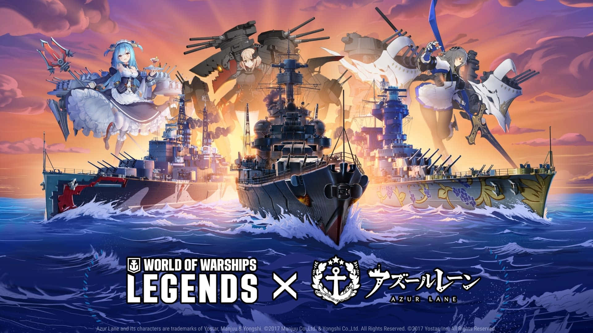 poster 桌布 壁紙 — 動漫風格戰艦在熾熱的夕陽天空下戰鬥，漂浮的女僕角色揮舞武器。