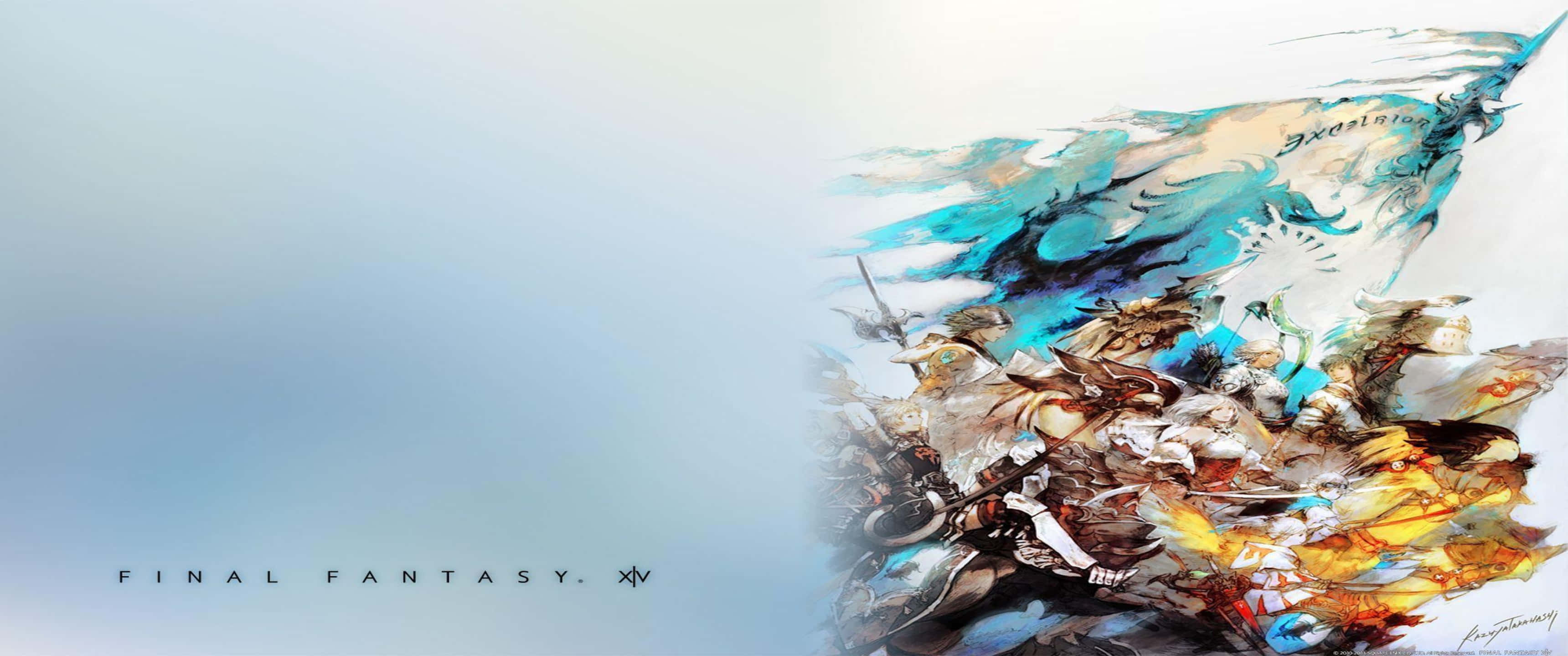 3440x1440p Final Fantasy Xv 桌布 壁紙 — 動漫風格插圖，描繪《Final Fantasy XIV》角色在柔和藍色漸變背景上動態移動。