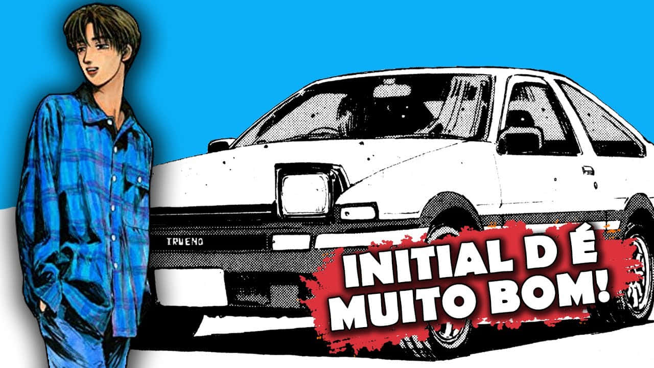頭文字D 桌布 壁紙 — 動漫風格插圖，描繪一位身穿藍色格子襯衫的年輕男子站在白色AE86 Trueno旁邊，亮藍色背景上有粗體紅色文字「Initial D é muito bom!」。