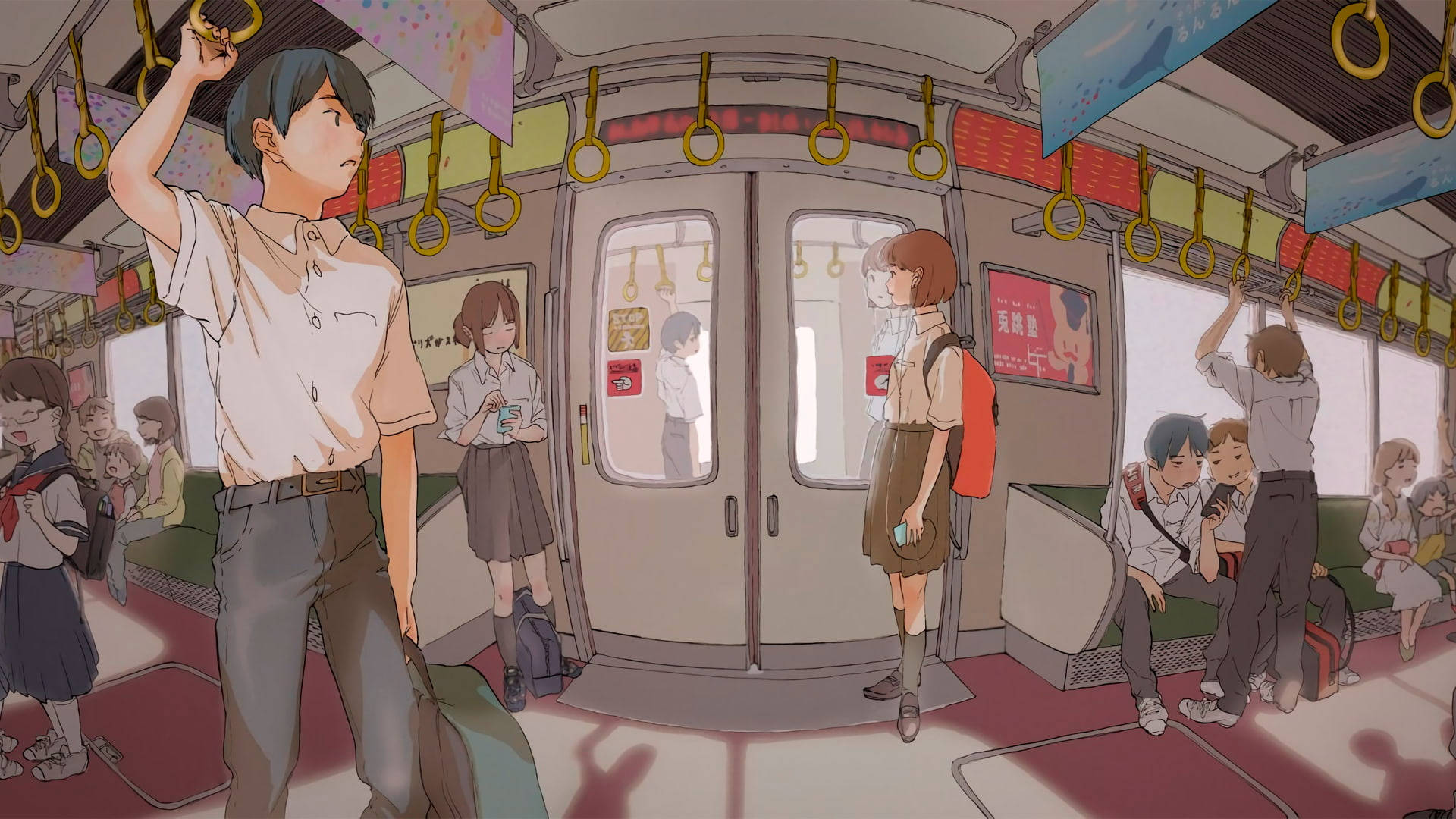 地鐵 桌布 壁紙 — 動漫風格插圖，描繪學生在擠滿人的地鐵車廂中通勤，車廂內有吊環和日文標誌。